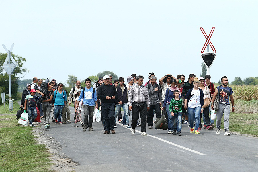 Gruppe von Migranten auf einer Landstraße in Ungarn – Symbolbild für Migration und unkontrollierte Einreise nach Europa