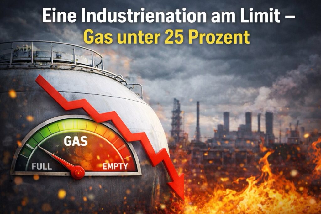 Gasspeicher mit Anzeige unter 25 Prozent Füllstand und rotem Abwärtspfeil – Symbolbild für Gas-Krise und Energieversorgung in Deutschland.