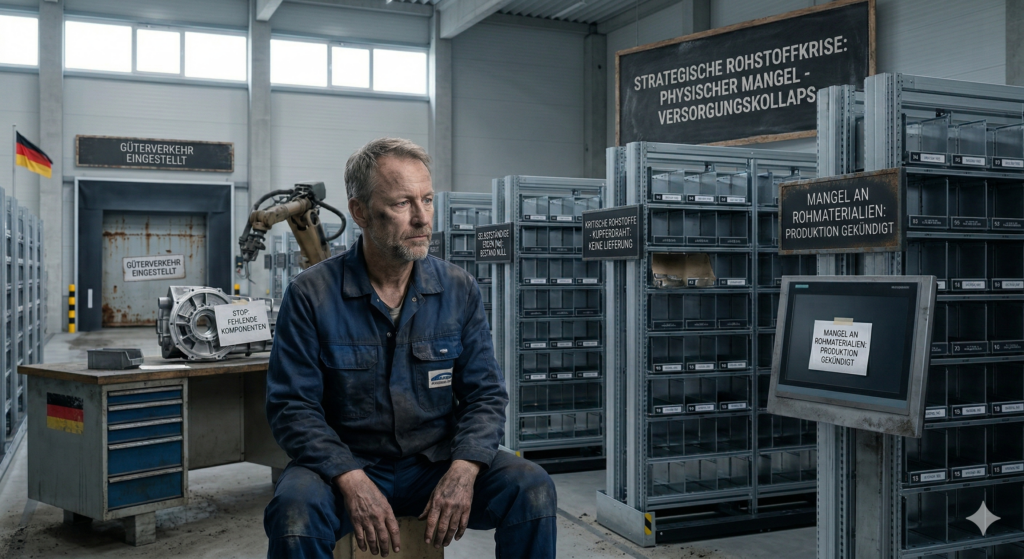 Stillgelegtes Fabrikgelände in Deutschland mit geschlossenen Werkstoren und Warnschildern zu Rohstoffversorgung und wirtschaftlichem Stillstand, ein Arbeiter blickt auf die leeren Anlagen.