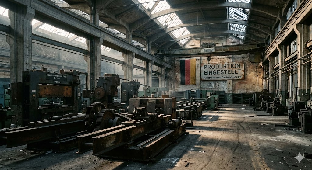 Eine leere Fabrikhalle mit stillstehenden Maschinen als Symbol für den massiven industriellen Stellenabbau in Deutschland 2026.