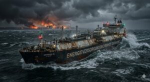 in LNG-Tanker auf stürmischer See als Symbol für die unsichere Energieversorgungssicherheit Deutschlands während der Nahost-Krise 2026.