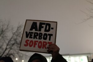Schild mit der Aufschrift "AfD Verbot sofort" bei politischer Demonstration
