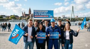 AfD-Unterstützer und Arbeiter demonstrieren am Mainzer Rheinufer für eine blaue Zukunft und feiern den Wahlsieg bei den unter 30-Jährigen in Rheinland-Pfalz