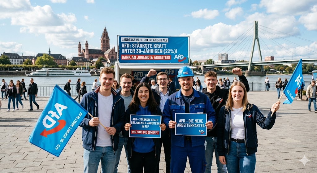 AfD-Unterstützer und Arbeiter demonstrieren am Mainzer Rheinufer für eine blaue Zukunft und feiern den Wahlsieg bei den unter 30-Jährigen in Rheinland-Pfalz