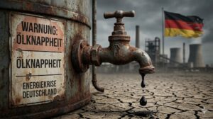 Ein verrosteter Ölhahn an einem Tank tropft auf ausgetrockneten Boden, im Hintergrund eine Deutschlandflagge und Industrieanlagen; Symbolbild zur Energiekrise.
