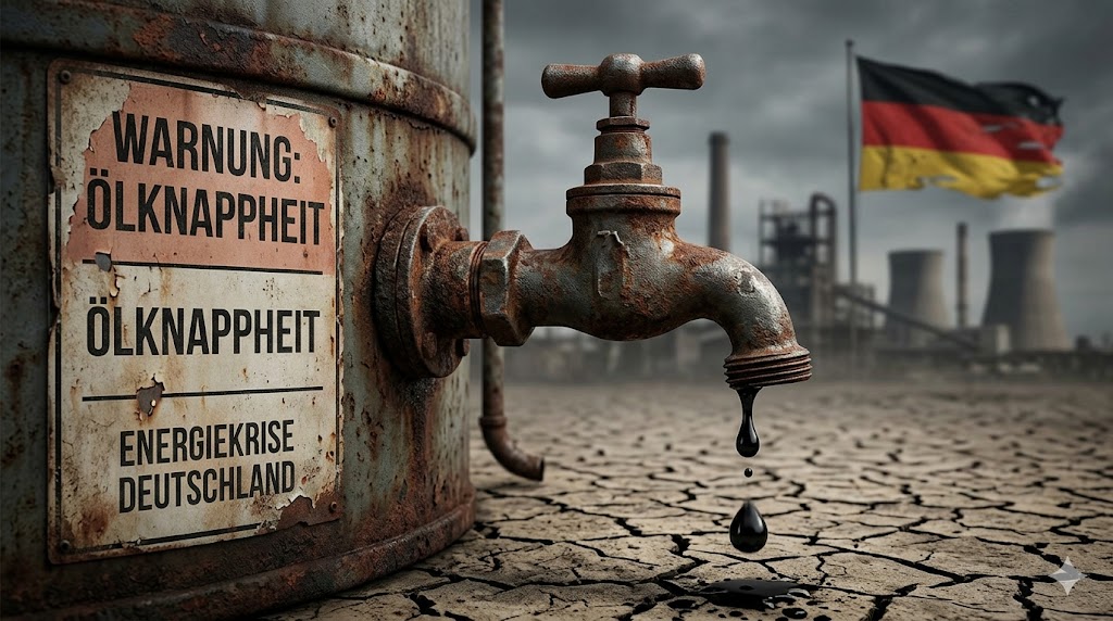 Ein verrosteter Ölhahn an einem Tank tropft auf ausgetrockneten Boden, im Hintergrund eine Deutschlandflagge und Industrieanlagen; Symbolbild zur Energiekrise.