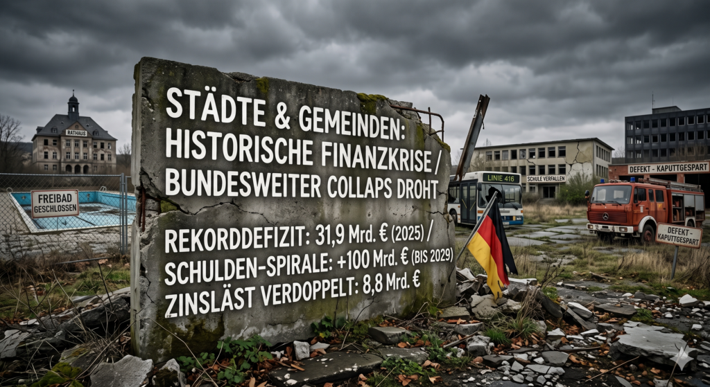 Symbolbild zur Finanzkrise deutscher Kommunen: Eine zerfallene Betonmauer mit Textdaten zu Rekorddefiziten steht vor einer maroden Kulisse aus einem geschlossenen Freibad, einer verfallenen Schule, einem Linienbus und einem alten Feuerwehrauto unter düsterem Himmel.
