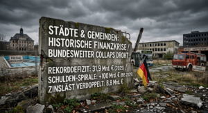 Symbolbild zur Finanzkrise deutscher Kommunen: Eine zerfallene Betonmauer mit Textdaten zu Rekorddefiziten steht vor einer maroden Kulisse aus einem geschlossenen Freibad, einer verfallenen Schule, einem Linienbus und einem alten Feuerwehrauto unter düsterem Himmel.
