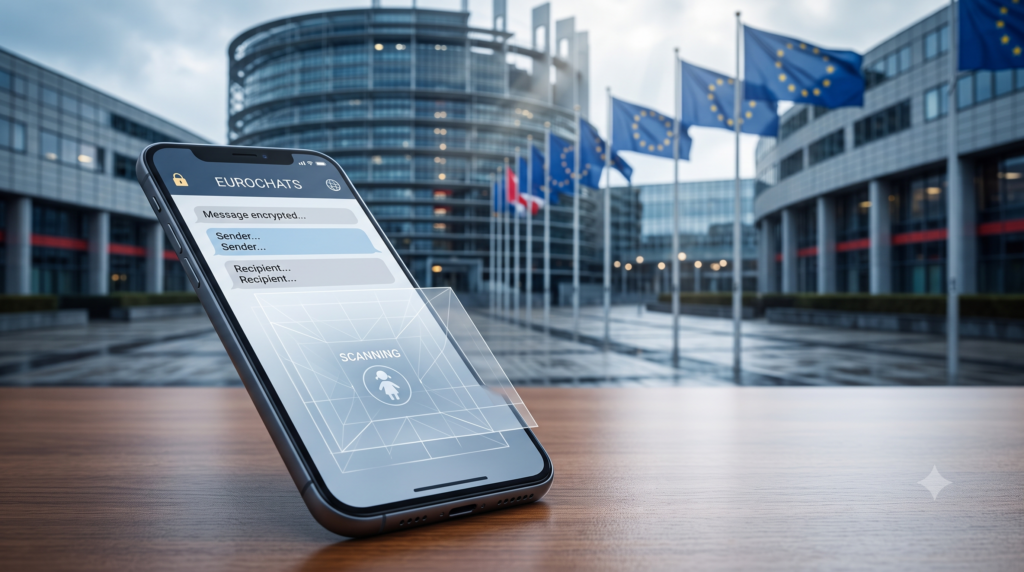 Smartphone mit Messenger-App vor dem Europäischen Parlament als Symbol für die Debatte über die EU-Chatkontrolle und verschlüsselte Kommunikation.