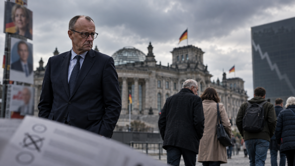 Symbolbild zu Friedrich Merz und dem Vertrauensverlust der CDU: Wähler entfernen sich vor dem Reichstagsgebäude in Berlin.