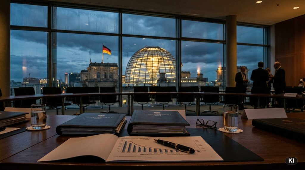 Symbolbild: Deutscher Bundestag und Bundeshaushalt 2027 Schuldenstaat (KI)