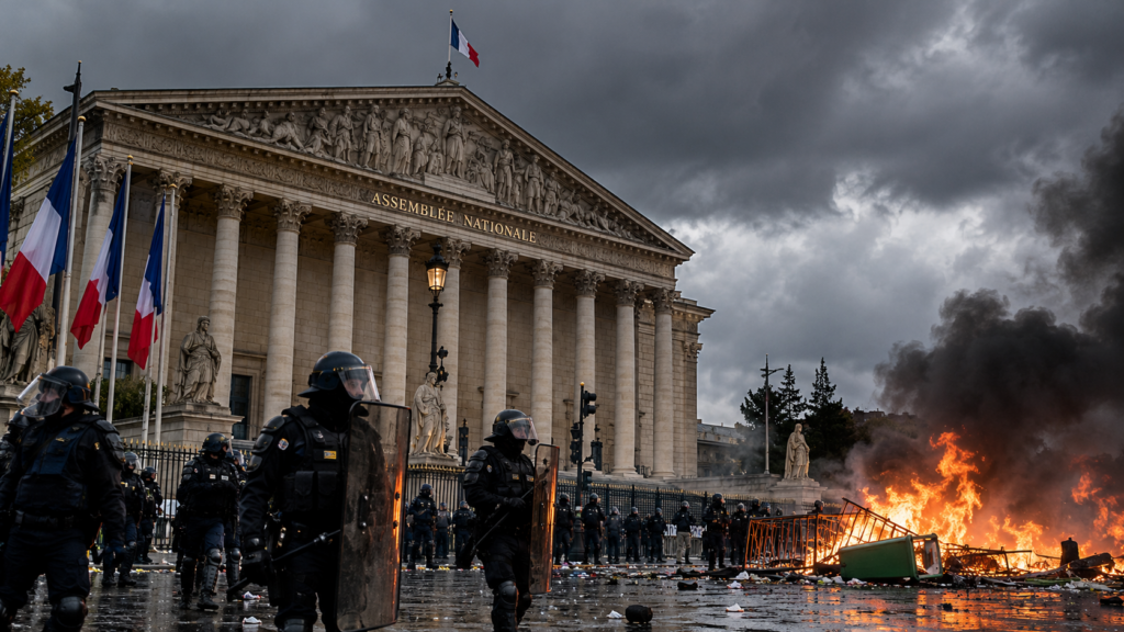 KI-generiertes Symbolbild: Französische Nationalversammlung mit Polizeikräften, Rauch und brennender Barrikade